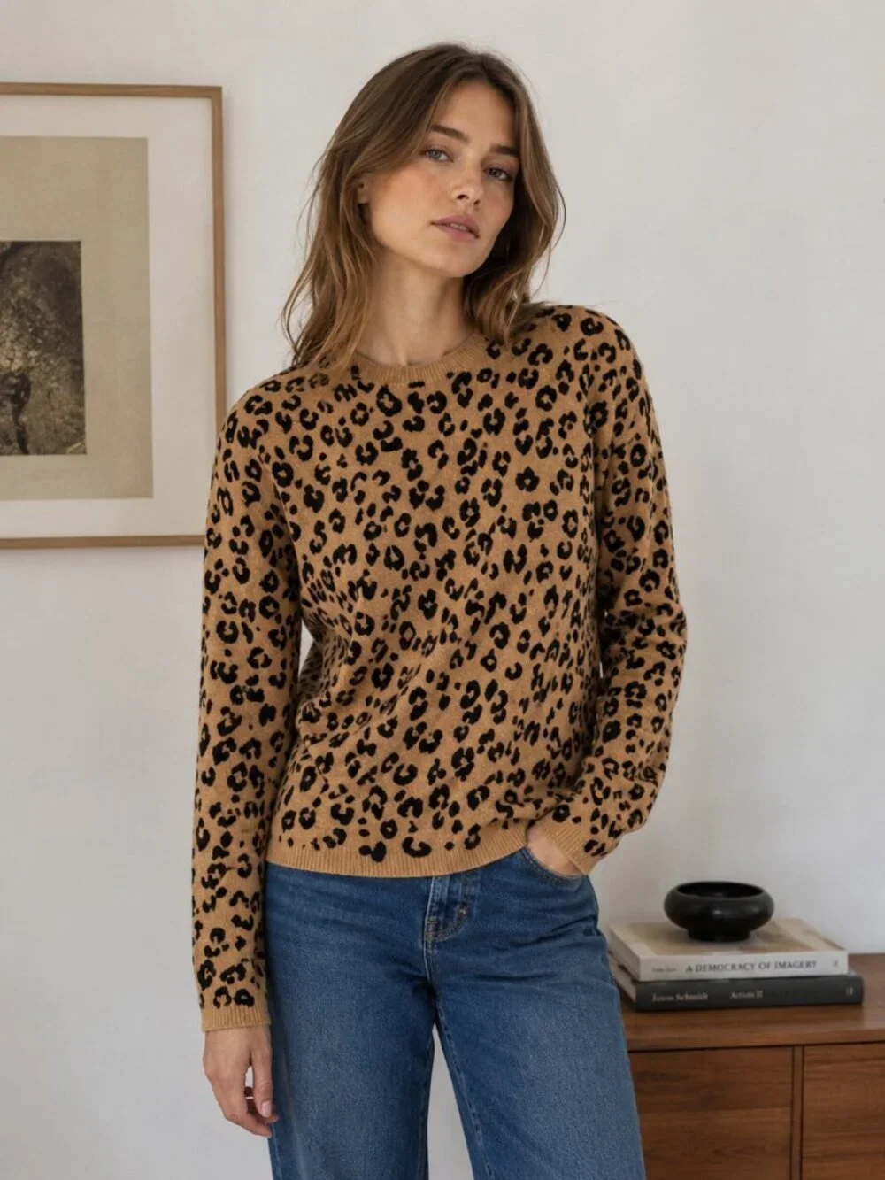 J.Crew 100% Cashmere Leopard Print Sweater Women's S Tan Black Crew Neck Luxury